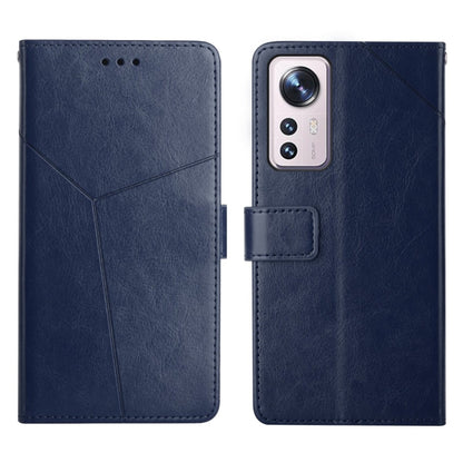 Blue leather flip phone case with horizontal stitching and card pocket flap