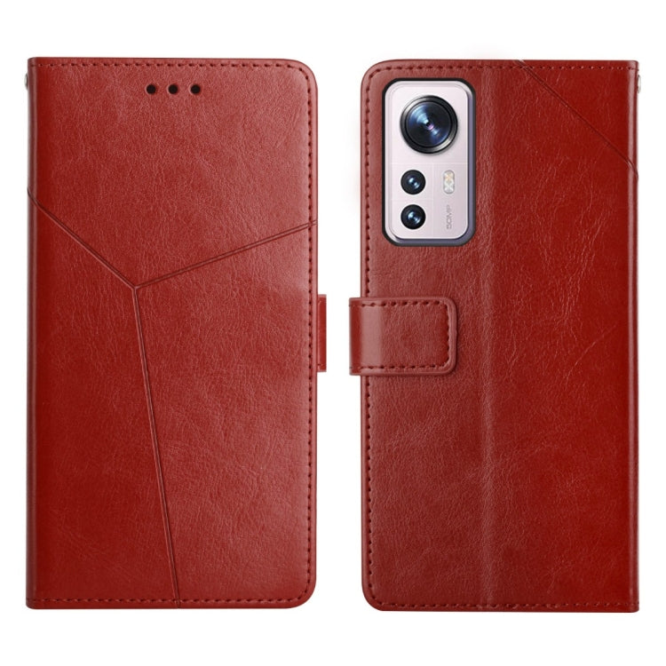Red leather flip phone case with horizontal stitching and card pocket flap