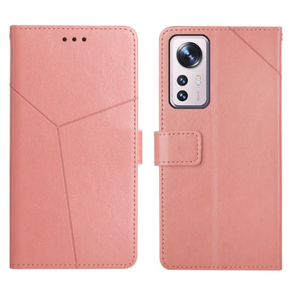 Pink leather flip phone case with stitched diagonal pattern and camera cutout