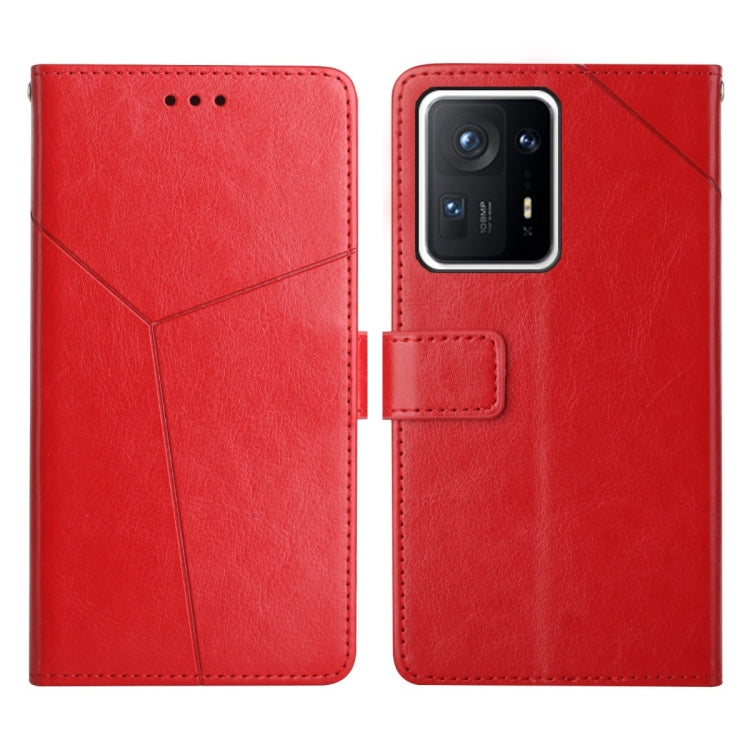 Red leather flip phone case with stitched diagonal pattern and camera cutout