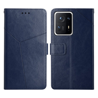 Blue leather flip phone case with stitched diagonal pattern and camera cutout