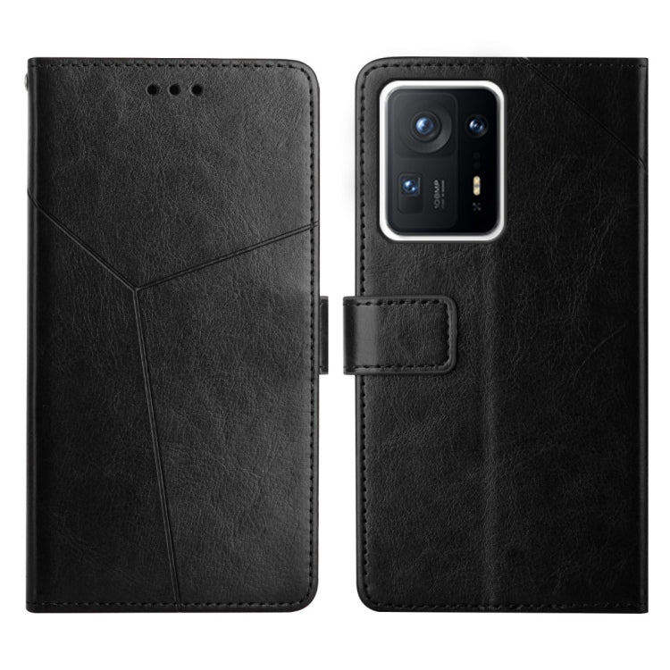 Black leather flip phone case with stitched diagonal pattern and camera cutout