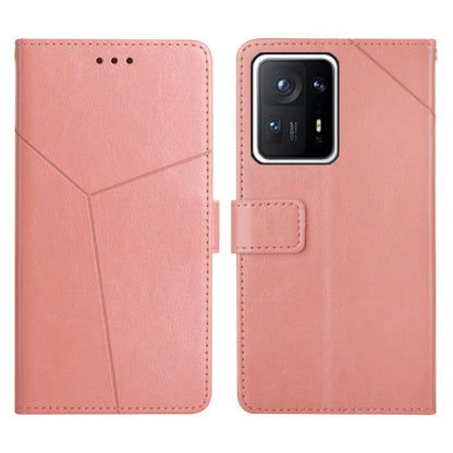 Rose pink leather flip phone case with stitched diagonal pattern and camera cutout