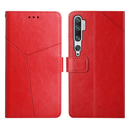 Red leather flip phone case with stitched diagonal pattern and triple-lens camera opening