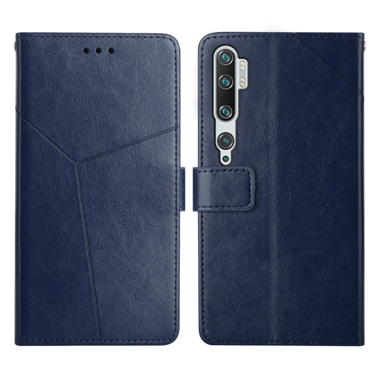Blue leather flip phone case with stitched diagonal pattern and triple-lens camera opening