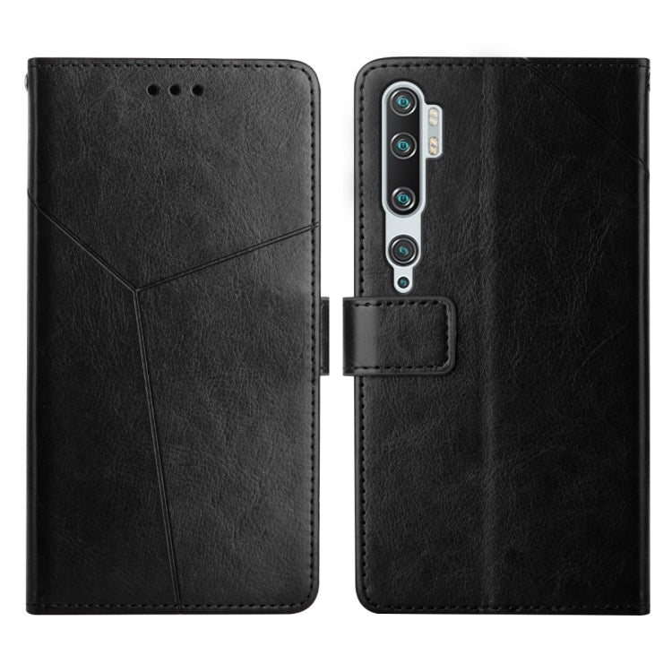 Black leather flip phone case with stitched diagonal pattern and triple-lens camera opening