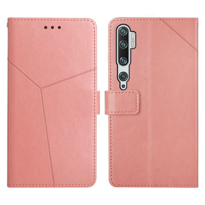 Pink flip leather phone case with stitched diagonal panels and camera cutout