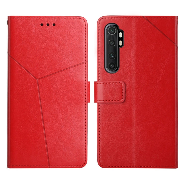 Red flip leather phone case with stitched diagonal panels and camera cutout