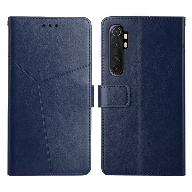 Blue flip leather phone case with stitched diagonal panels and camera cutout
