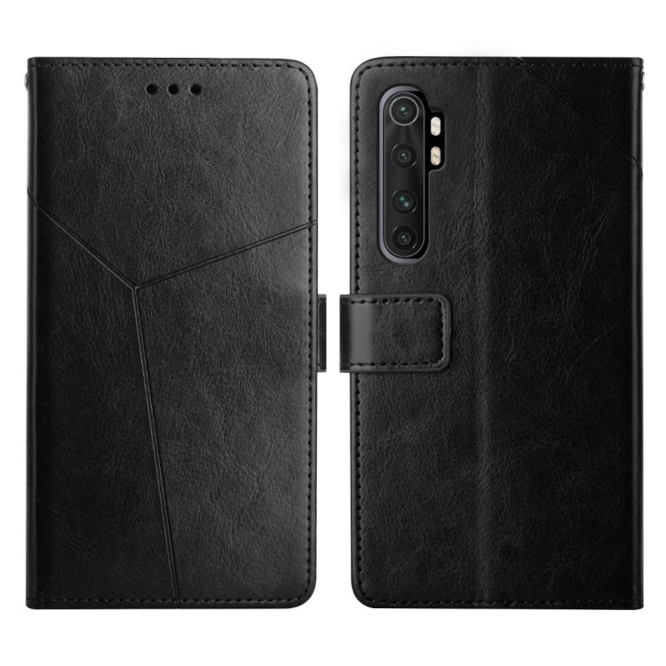 Black flip leather phone case with stitched diagonal panels and camera cutout