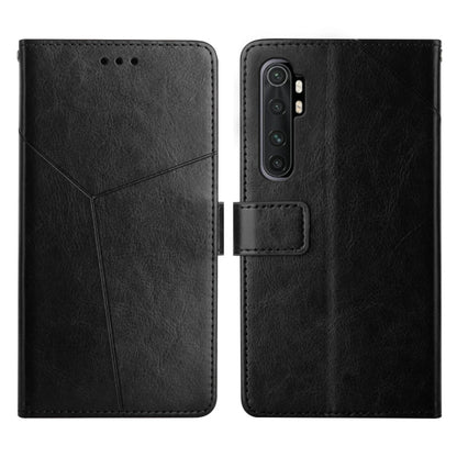 Black flip leather phone case with stitched diagonal panels and camera cutout