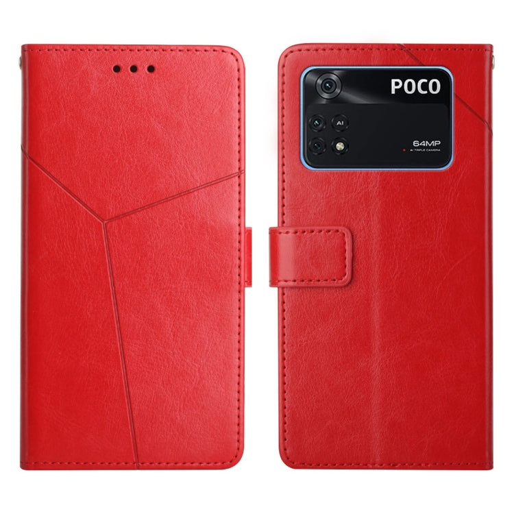 Red flip leather phone case with POCO camera window and stitched diagonal design