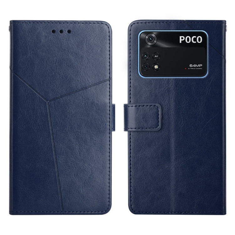 Blue flip leather phone case with POCO camera window and stitched diagonal design