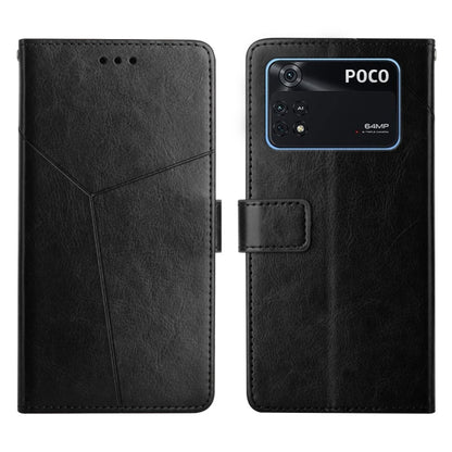 Black flip leather phone case with POCO camera window and stitched diagonal design