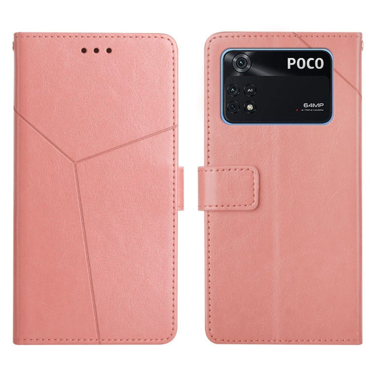 Rose pink flip leather phone case with stitched geometric lines and camera cutout
