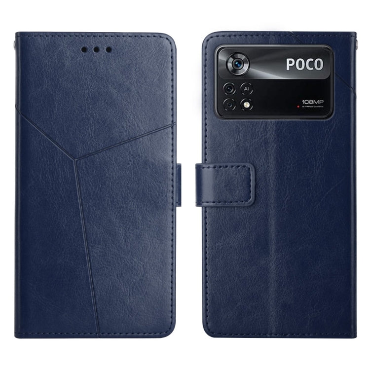 Blue flip leather phone case with stitched geometric lines and camera cutout