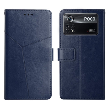 Blue flip leather phone case with stitched geometric lines and camera cutout