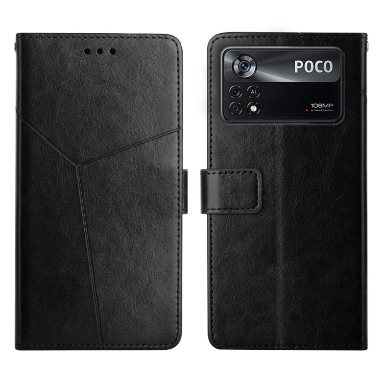 Black flip leather phone case with stitched geometric lines and camera cutout