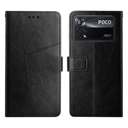 Black flip leather phone case with stitched geometric lines and camera cutout
