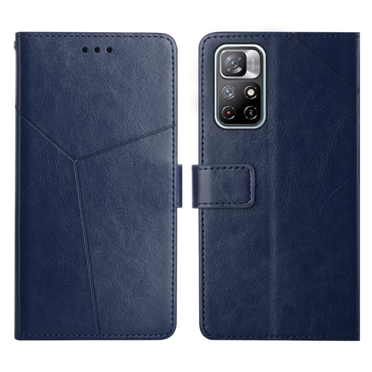Blue flip leather phone case with magnetic strap and geometric stitched front