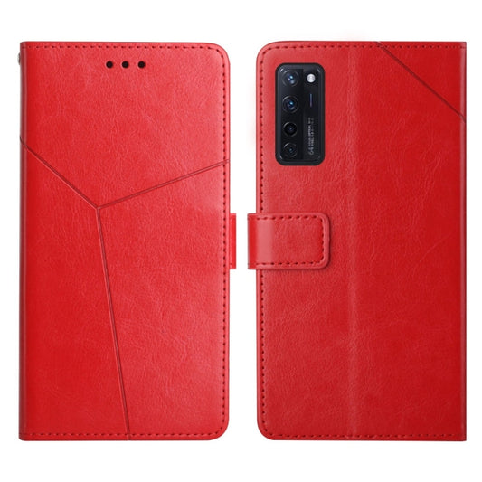 Red leather horizontal flip phone case with card pocket and camera cutout