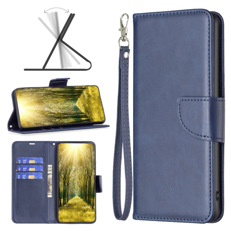 Blue lambskin textured leather phone wallet case with card slots and wrist strap