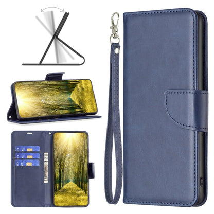 Blue lambskin textured leather phone wallet case with card slots and wrist strap