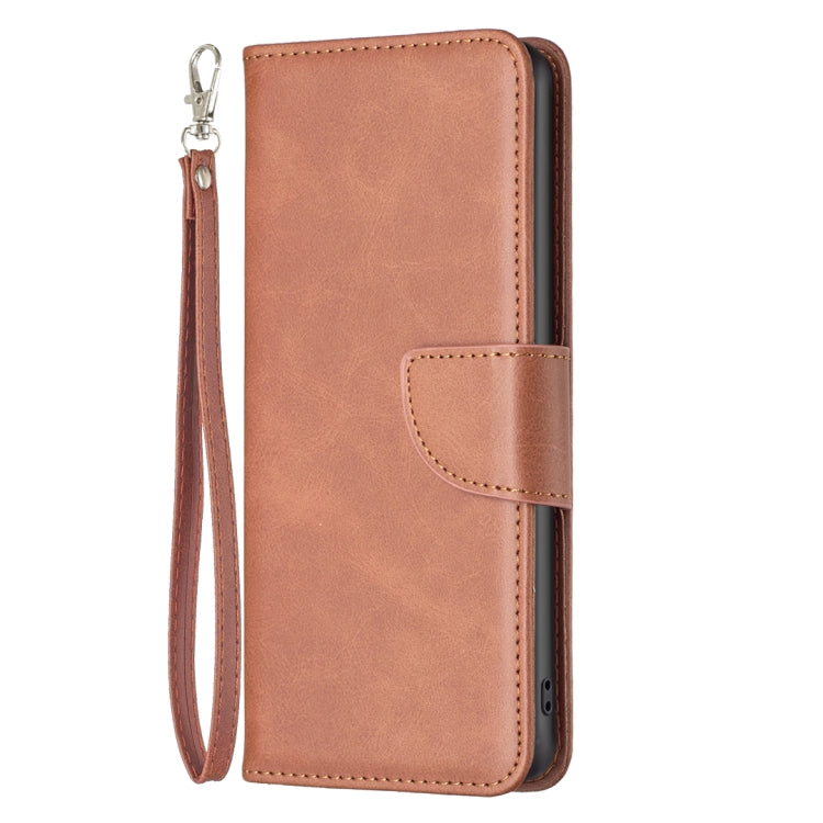 Brown lambskin-texture leather phone wallet case with wrist strap and flip cover