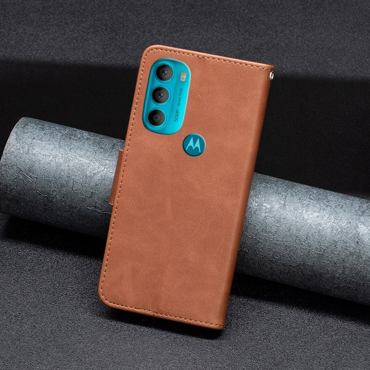 Brown lambskin-texture leather phone wallet case with flip closure and phone camera opening