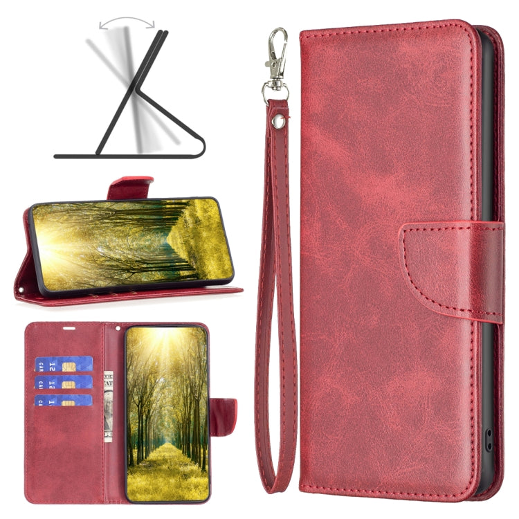 Red lambskin-texture leather phone wallet case with wrist strap and card slots