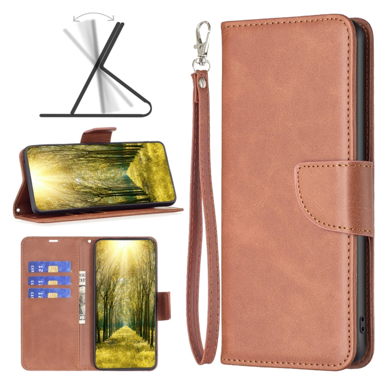 Brown lambskin-texture leather flip phone case with wrist strap and front card pocket
