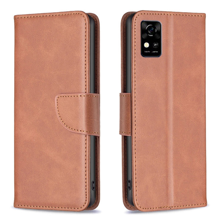 Brown lambskin-texture leather flip phone case with front card pocket and button cutouts