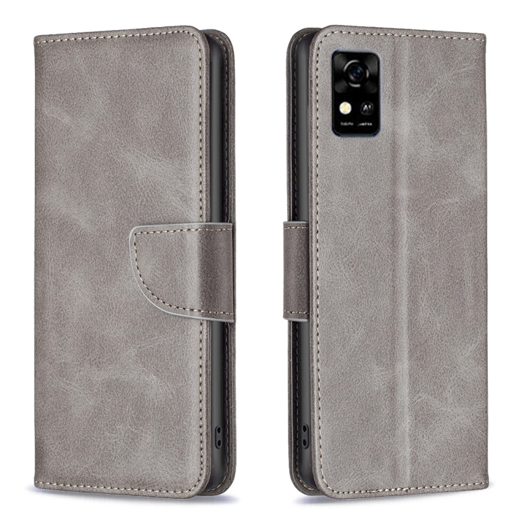 Gray lambskin-texture leather flip phone case with front card pocket and camera opening