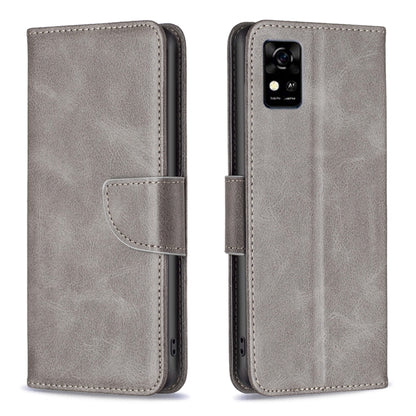Gray lambskin-texture leather flip phone case with front card pocket and camera opening