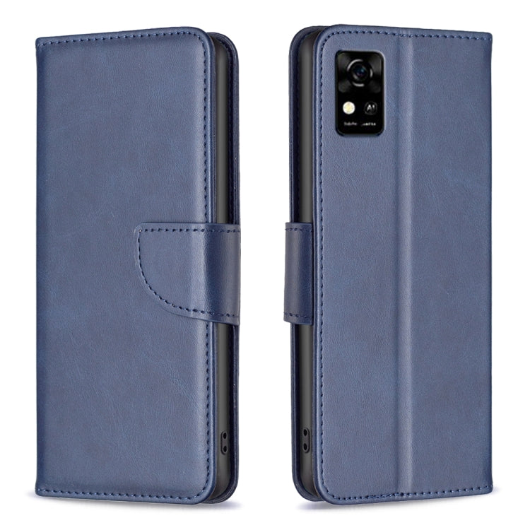 Blue lambskin-texture leather flip phone case with front card pocket and button cutouts