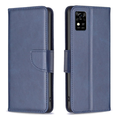 Blue lambskin-texture leather flip phone case with front card pocket and button cutouts