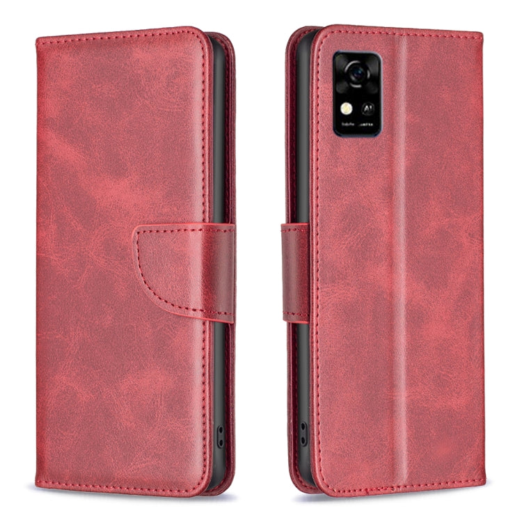 Red lambskin-texture leather flip phone case with front card pocket and camera opening