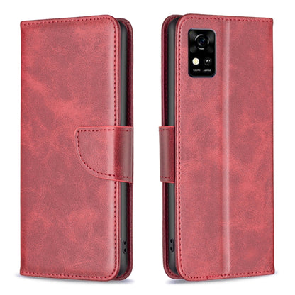 Red lambskin-texture leather flip phone case with front card pocket and camera opening