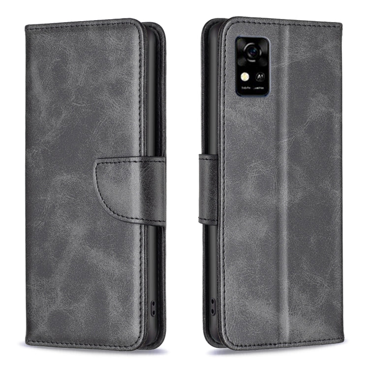 Dark gray lambskin-texture leather flip phone case with card slot and camera cutout