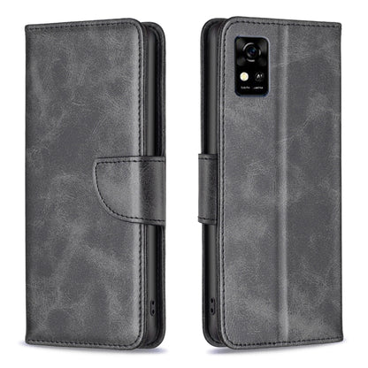 Dark gray lambskin-texture leather flip phone case with card slot and camera cutout