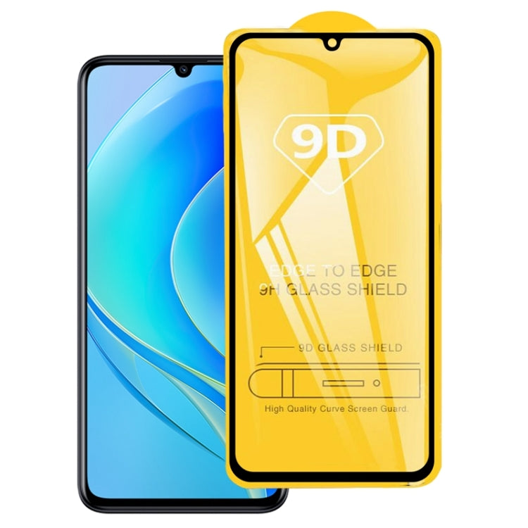 9D full glue tempered glass screen protector film with curved edges shown with phones