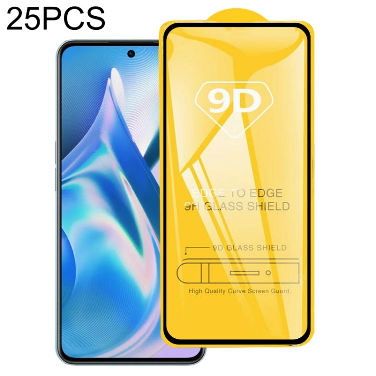 Clear 9D tempered glass screen protector film with full glue adhesive, 25-pack