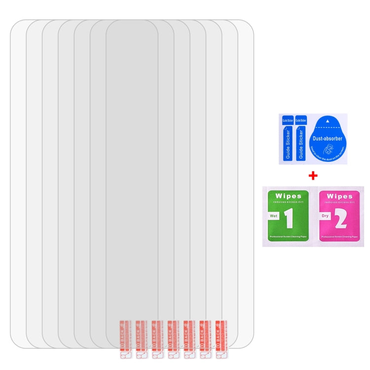 Pack of clear tempered glass screen protector sheets with cleaning wipes