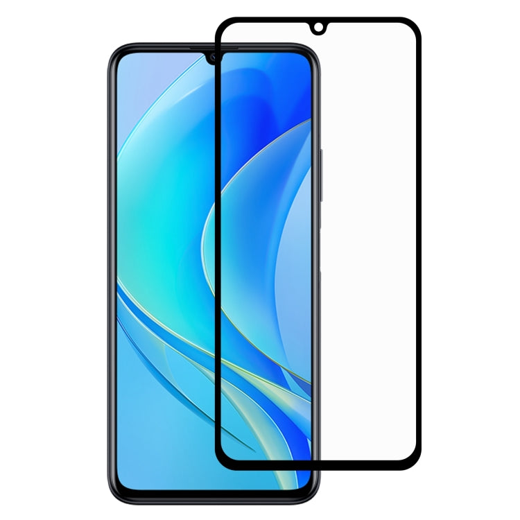 Full-coverage tempered glass screen protector with black frame on smartphone front