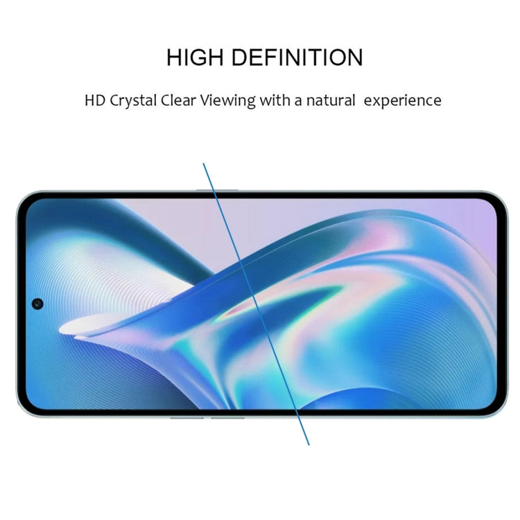 Clear tempered glass screen protector film with slim black border over phone