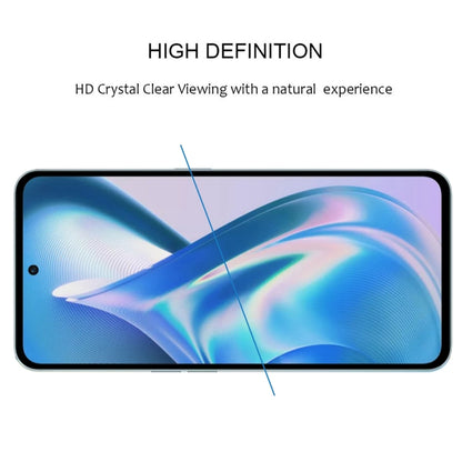 Clear tempered glass screen protector film with slim black border over phone