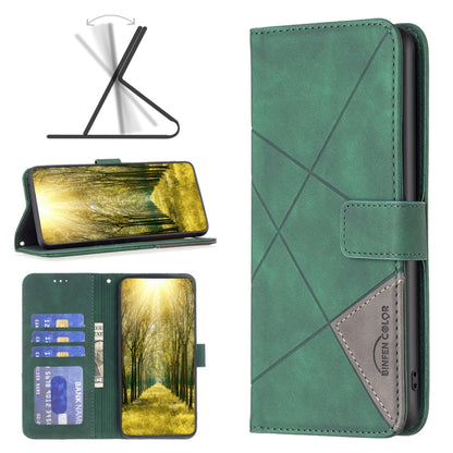 Magnetic leather phone case with rhombus texture, green fold-over wallet style with strap.
