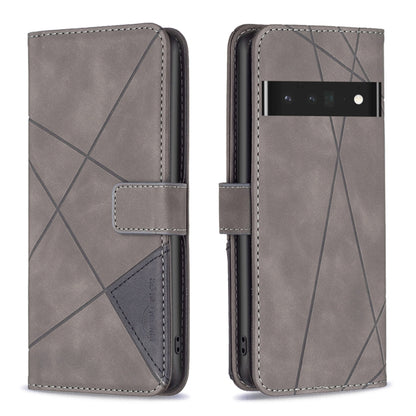 Grey leather phone case with rhombus texture, magnetic buckle and double-view angles
