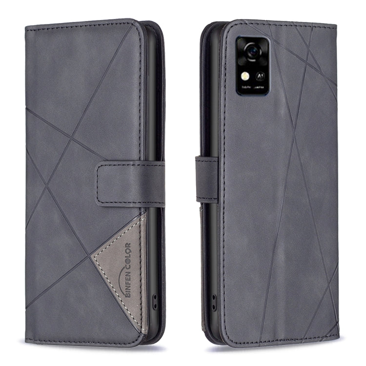 Magnetic leather phone case with rhombus texture, dark gray, flip cover and card slot