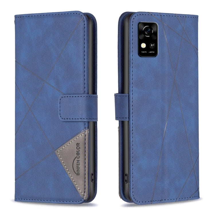 Magnetic leather phone case with rhombus texture, blue, side view with camera cutout